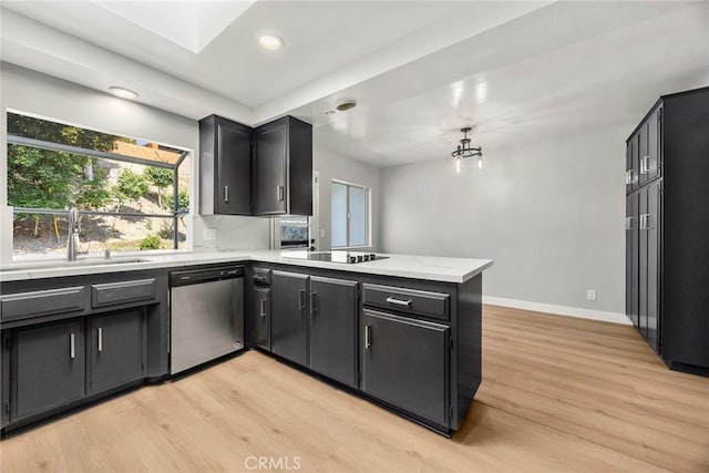 1141 N Palm St, La Habra, CA 90631 - kitchen with stainless steel dishwasher, a peninsula, light wood-type flooring, recessed lighting, and black electric stovetop