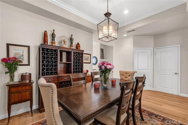14535 Margate St Unit 13, Sherman Oaks, CA 91411 - dining space with a chandelier, light wood-style flooring, crown molding, and recessed lighting