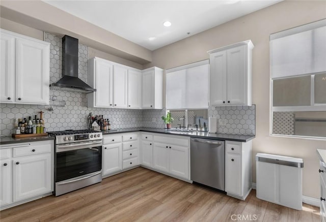 14535 Margate St Unit 13, Sherman Oaks, CA 91411 - kitchen featuring wall chimney exhaust hood, stainless steel appliances, dark countertops, white cabinets, and recessed lighting