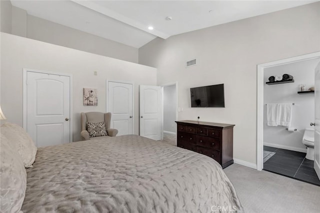 14535 Margate St Unit 13, Sherman Oaks, CA 91411 - bedroom with carpet flooring, high vaulted ceiling, and ensuite bathroom
