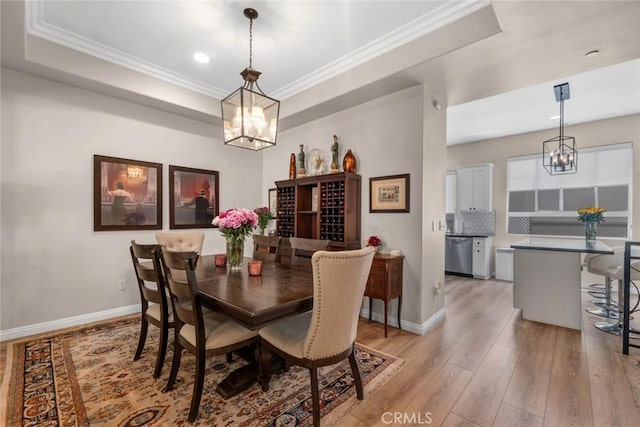 14535 Margate St Unit 13, Sherman Oaks, CA 91411 - dining space with a chandelier, light wood-style floors, crown molding, recessed lighting, and a tray ceiling
