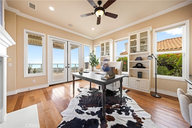 2 Cresta Del Sol, San Clemente, CA 92673 - office area featuring light wood-type flooring, healthy amount of natural light, ornamental molding, french doors, and recessed lighting
