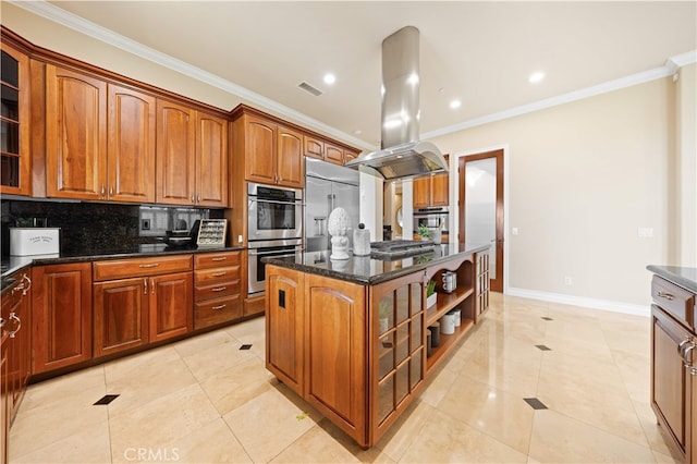 2 Cresta Del Sol, San Clemente, CA 92673 - kitchen with stainless steel appliances, island exhaust hood, a center island, tasteful backsplash, and crown molding