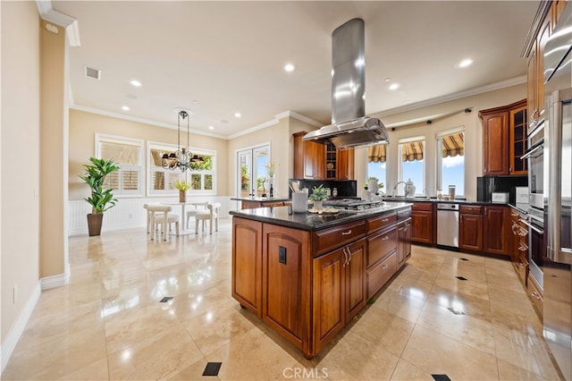 2 Cresta Del Sol, San Clemente, CA 92673 - kitchen with island range hood, glass insert cabinets, a kitchen island, recessed lighting, and appliances with stainless steel finishes