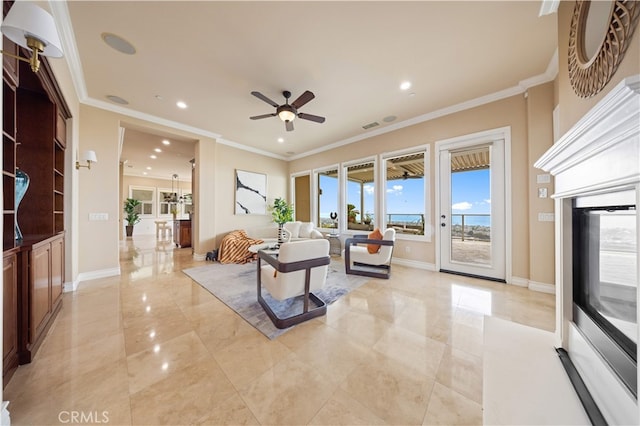 2 Cresta Del Sol, San Clemente, CA 92673 - living room with a ceiling fan, crown molding, recessed lighting, and a glass covered fireplace