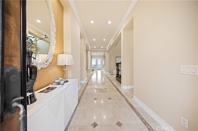 2 Cresta Del Sol, San Clemente, CA 92673 - hallway featuring inlaid floor details, recessed lighting, and crown molding