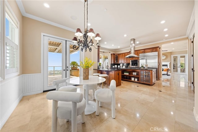 2 Cresta Del Sol, San Clemente, CA 92673 - dining room featuring recessed lighting, ornamental molding, french doors, a chandelier, and wainscoting