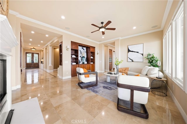 2 Cresta Del Sol, San Clemente, CA 92673 - living room with crown molding, a ceiling fan, recessed lighting, and built in shelves