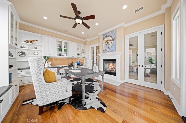 2 Cresta Del Sol, San Clemente, CA 92673 - office space with crown molding, french doors, light wood-style floors, ceiling fan, and recessed lighting