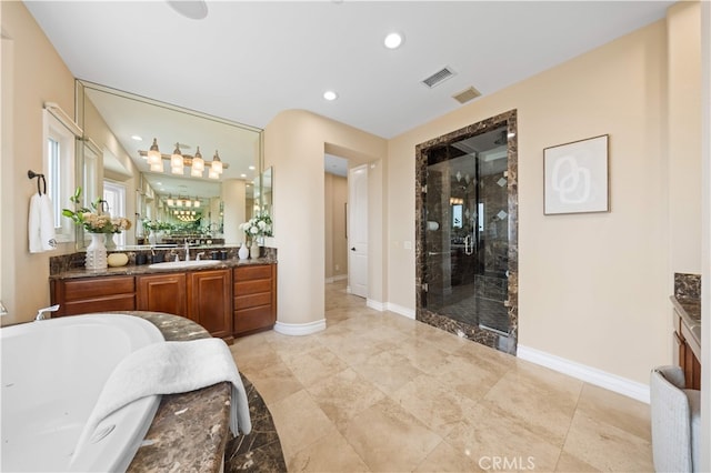 2 Cresta Del Sol, San Clemente, CA 92673 - full bath with vanity, a stall shower, a bath, and recessed lighting