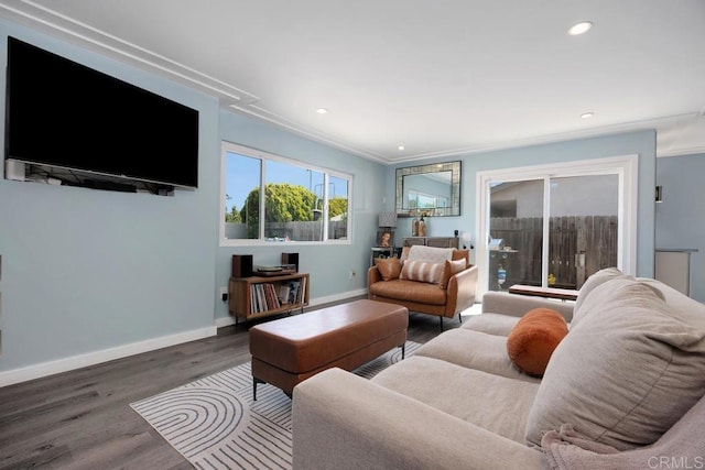 3985 Shenandoah Dr, Oceanside, CA 92056 - living room with crown molding, wood finished floors, and recessed lighting