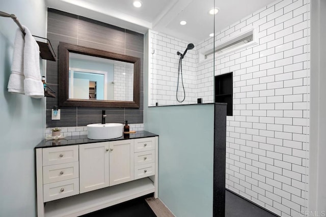 3985 Shenandoah Dr, Oceanside, CA 92056 - full bathroom featuring vanity, a walk in shower, recessed lighting, and decorative backsplash