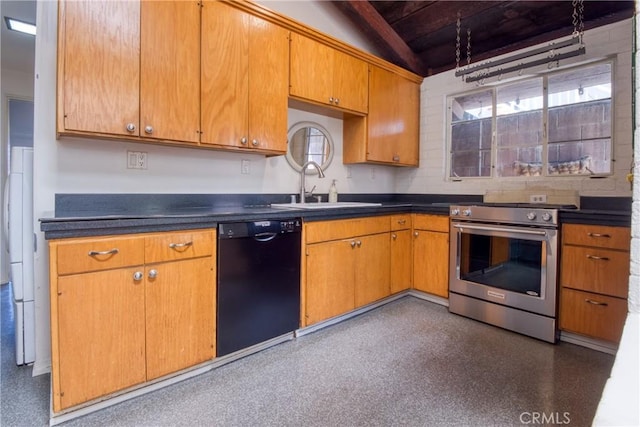 1878 Molino Ave N, Signal Hill, CA 90755 - kitchen featuring black dishwasher, electric range, dark countertops, brown cabinetry, and wood ceiling