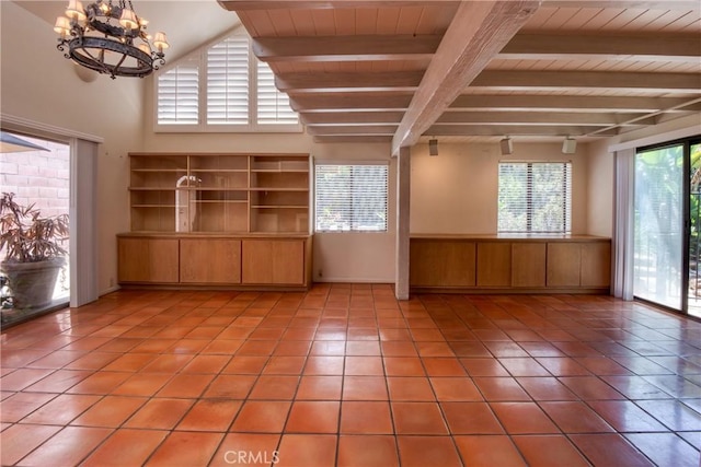 1878 Molino Ave N, Signal Hill, CA 90755 - empty room with light tile patterned floors, a chandelier, and a wood ceiling with exposed beams