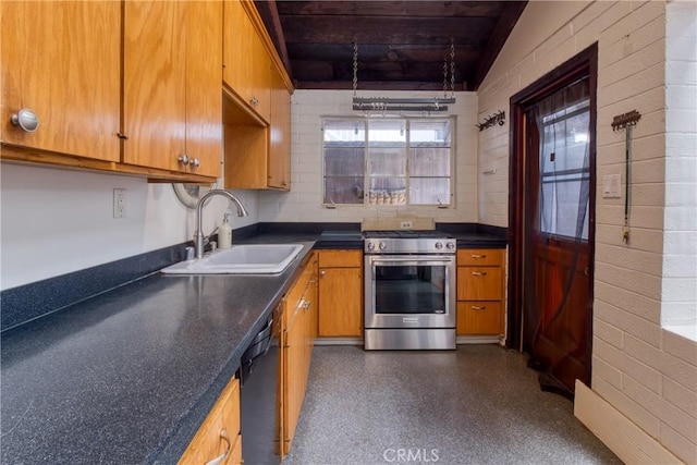 1878 Molino Ave N, Signal Hill, CA 90755 - kitchen with stainless steel stove, dishwasher, dark countertops, and brown cabinetry