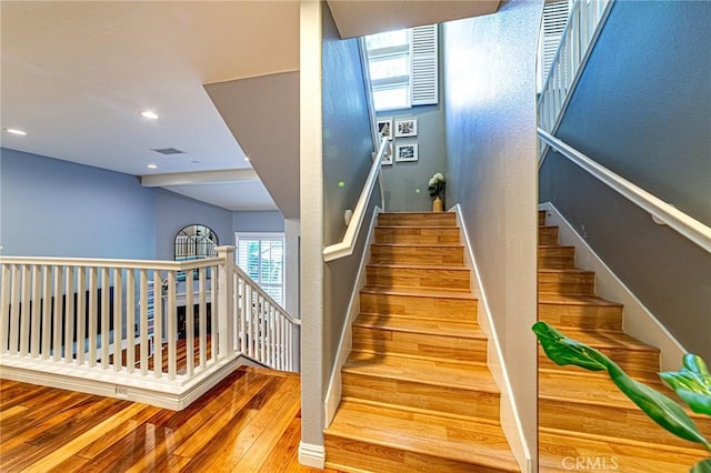 25748 Perlman Pl Unit B, Stevenson Ranch, CA 91381 - staircase with wood finished floors and recessed lighting