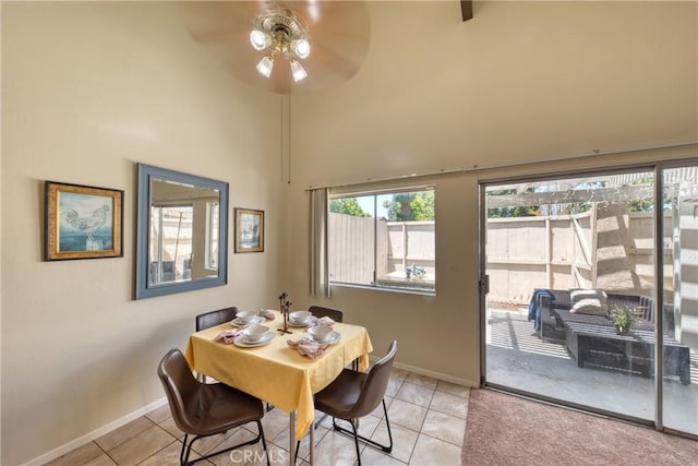 315 Spencer Ave, Upland, CA 91786 - dining area featuring ceiling fan, a towering ceiling, and light tile patterned floors