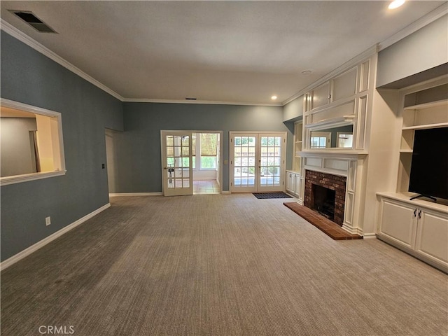 41710 Crispi Ln, Lancaster, CA 93536 - unfurnished living room with carpet flooring, a brick fireplace, recessed lighting, and ornamental molding