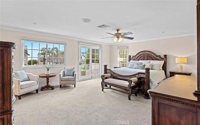 870 Avenida Acapulco, San Clemente, CA 92672 - bedroom featuring crown molding, light colored carpet, access to exterior, and ceiling fan