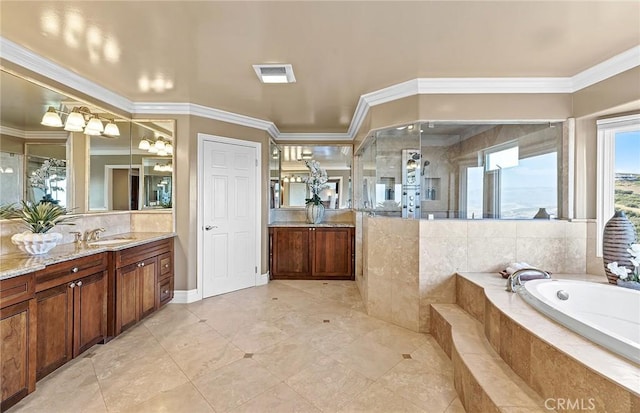 870 Avenida Acapulco, San Clemente, CA 92672 - full bath featuring a bath, vanity, crown molding, a tile shower, and tile patterned floors