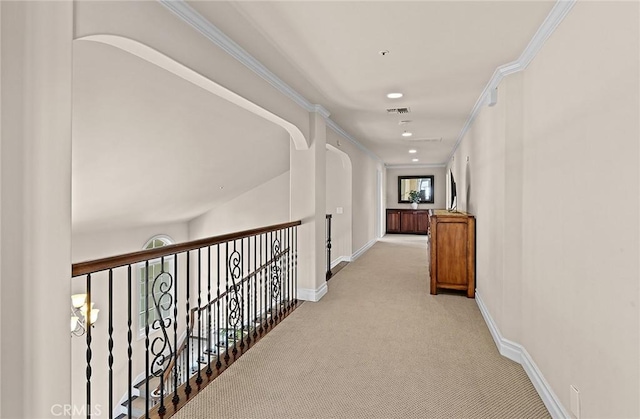 870 Avenida Acapulco, San Clemente, CA 92672 - hallway with light carpet, crown molding, and recessed lighting