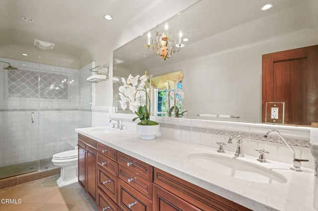 980 El Campo Dr, Pasadena, CA 91107 - full bathroom with double vanity, tile patterned floors, a stall shower, a chandelier, and recessed lighting