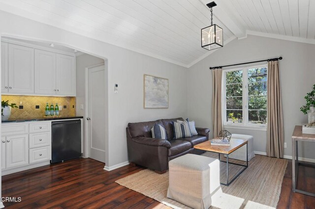 980 El Campo Dr, Pasadena, CA 91107 - living room with dark wood-style floors, a dry bar, and wooden ceiling