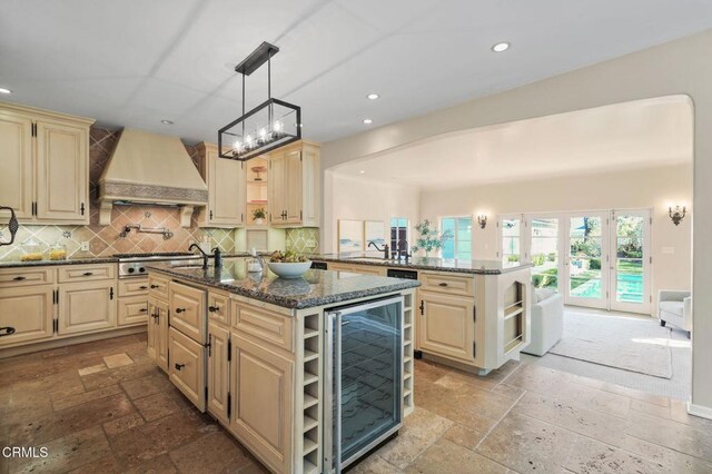 980 El Campo Dr, Pasadena, CA 91107 - kitchen featuring open shelves, wine cooler, premium range hood, and recessed lighting