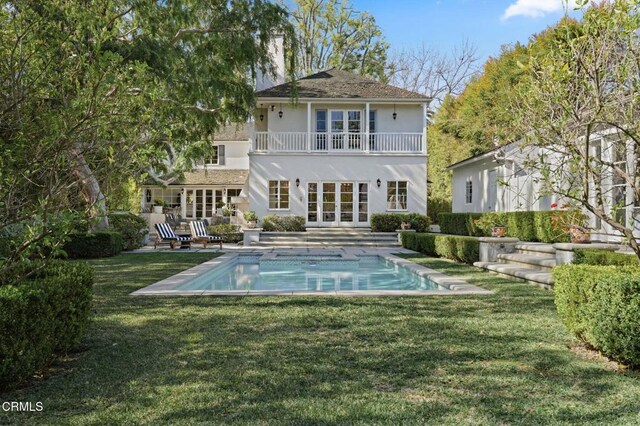 980 El Campo Dr, Pasadena, CA 91107 - rear view of property with french doors, stucco siding, a balcony, and a yard