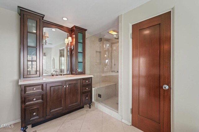 980 El Campo Dr, Pasadena, CA 91107 - full bath with vanity, a shower stall, tile patterned flooring, and recessed lighting
