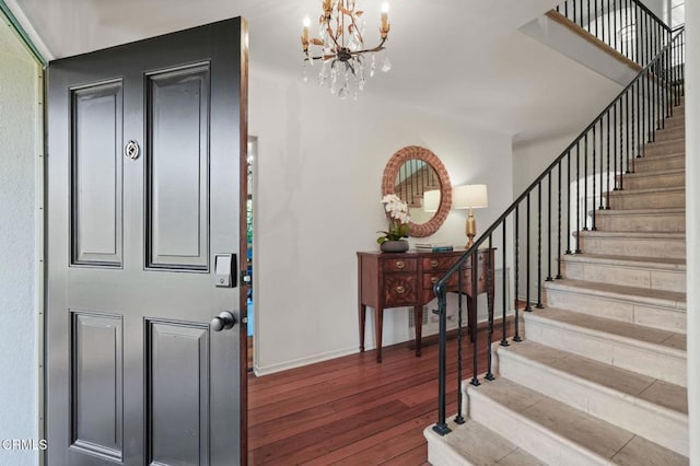 980 El Campo Dr, Pasadena, CA 91107 - foyer with stairs, hardwood / wood-style flooring, and a chandelier