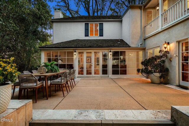 980 El Campo Dr, Pasadena, CA 91107 - back of property featuring french doors, a patio, stucco siding, a chimney, and a balcony