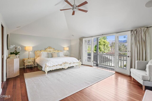 980 El Campo Dr, Pasadena, CA 91107 - bedroom with access to exterior, wood-type flooring, high vaulted ceiling, and ceiling fan