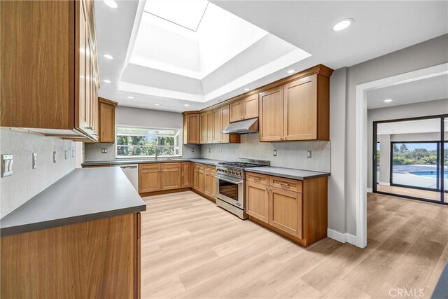 247 El Cielo Ln, Bradbury, CA 91008 - kitchen featuring appliances with stainless steel finishes, under cabinet range hood, light wood-style flooring, recessed lighting, and tasteful backsplash