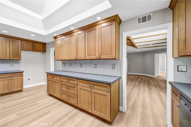247 El Cielo Ln, Bradbury, CA 91008 - kitchen with dishwasher, dark countertops, light wood-style flooring, decorative backsplash, and recessed lighting