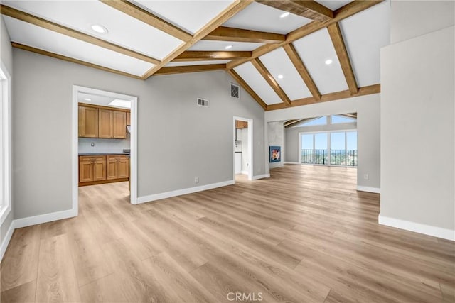 247 El Cielo Ln, Bradbury, CA 91008 - unfurnished living room with beam ceiling, light wood-type flooring, high vaulted ceiling, and recessed lighting