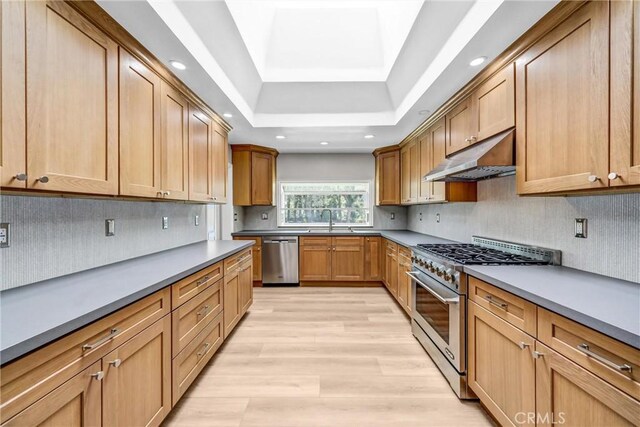 247 El Cielo Ln, Bradbury, CA 91008 - kitchen featuring stainless steel appliances, under cabinet range hood, light wood-style flooring, a raised ceiling, and recessed lighting