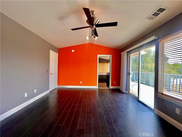 18725 Dallas Ave, Riverside, CA 92508 - unfurnished room with vaulted ceiling, dark wood-type flooring, and a ceiling fan