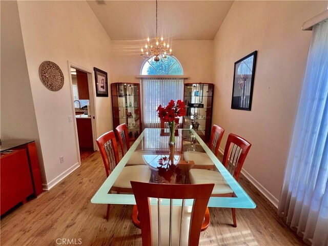 18725 Dallas Ave, Riverside, CA 92508 - dining room with a chandelier, wood finished floors, and lofted ceiling
