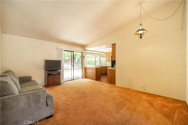 3 Bonanza Ct, Pomona, CA 91766 - living room featuring a textured ceiling, light colored carpet, and vaulted ceiling