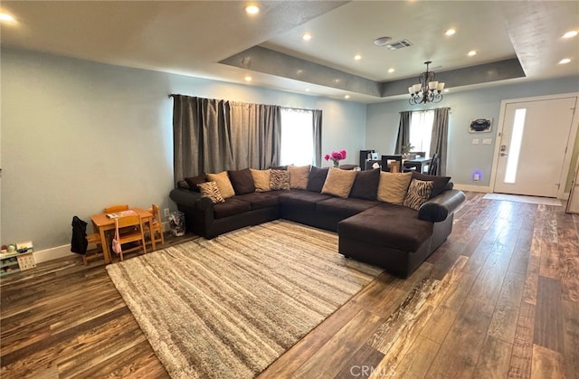 2404 W Oak Ave, Fullerton, CA 92833 - living area with a raised ceiling, dark wood-type flooring, a chandelier, and recessed lighting