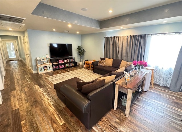 2404 W Oak Ave, Fullerton, CA 92833 - living room featuring hardwood / wood-style floors, attic access, a tray ceiling, and recessed lighting