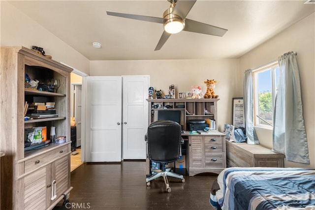 1323 W 6th St, Pomona, CA 91766 - bedroom featuring dark wood finished floors, a desk, and ceiling fan