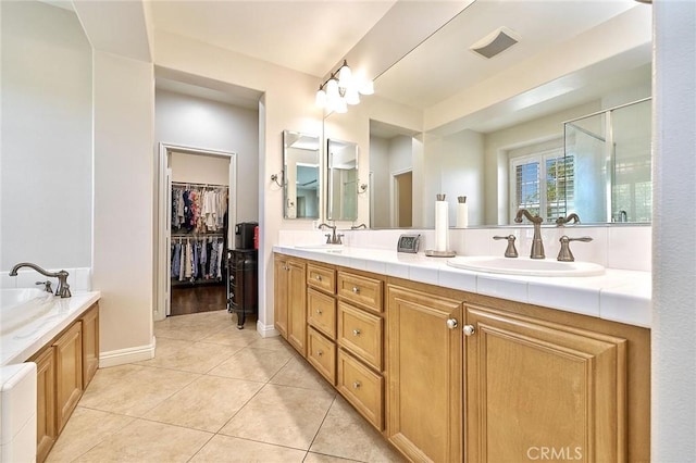 524 S Petunia St, La Habra, CA 90631 - bathroom with double vanity, tile patterned floors, a walk in closet, a stall shower, and a bath