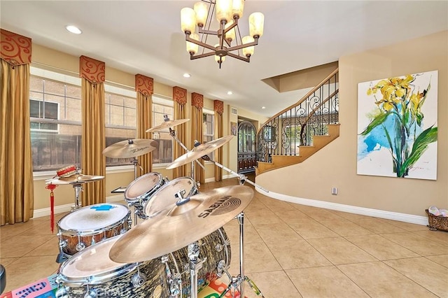 524 S Petunia St, La Habra, CA 90631 - dining space featuring a chandelier, tile patterned flooring, stairs, and recessed lighting