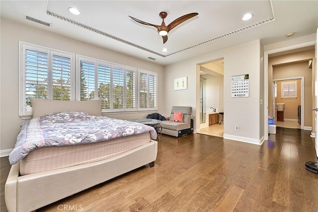 524 S Petunia St, La Habra, CA 90631 - bedroom featuring wood finished floors, recessed lighting, connected bathroom, and ceiling fan
