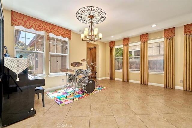 524 S Petunia St, La Habra, CA 90631 - rec room with a chandelier, tile patterned flooring, and recessed lighting