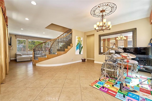 524 S Petunia St, La Habra, CA 90631 - entrance foyer featuring a chandelier, tile patterned flooring, stairs, and recessed lighting