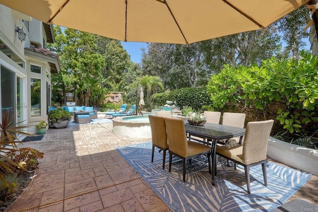 1709 Blackbird Cir, Carlsbad, CA 92011 - view of patio with an outdoor living space, outdoor dining area, an in-ground hot tub, and french doors