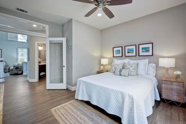 1709 Blackbird Cir, Carlsbad, CA 92011 - bedroom with french doors, wood finished floors, recessed lighting, and ceiling fan